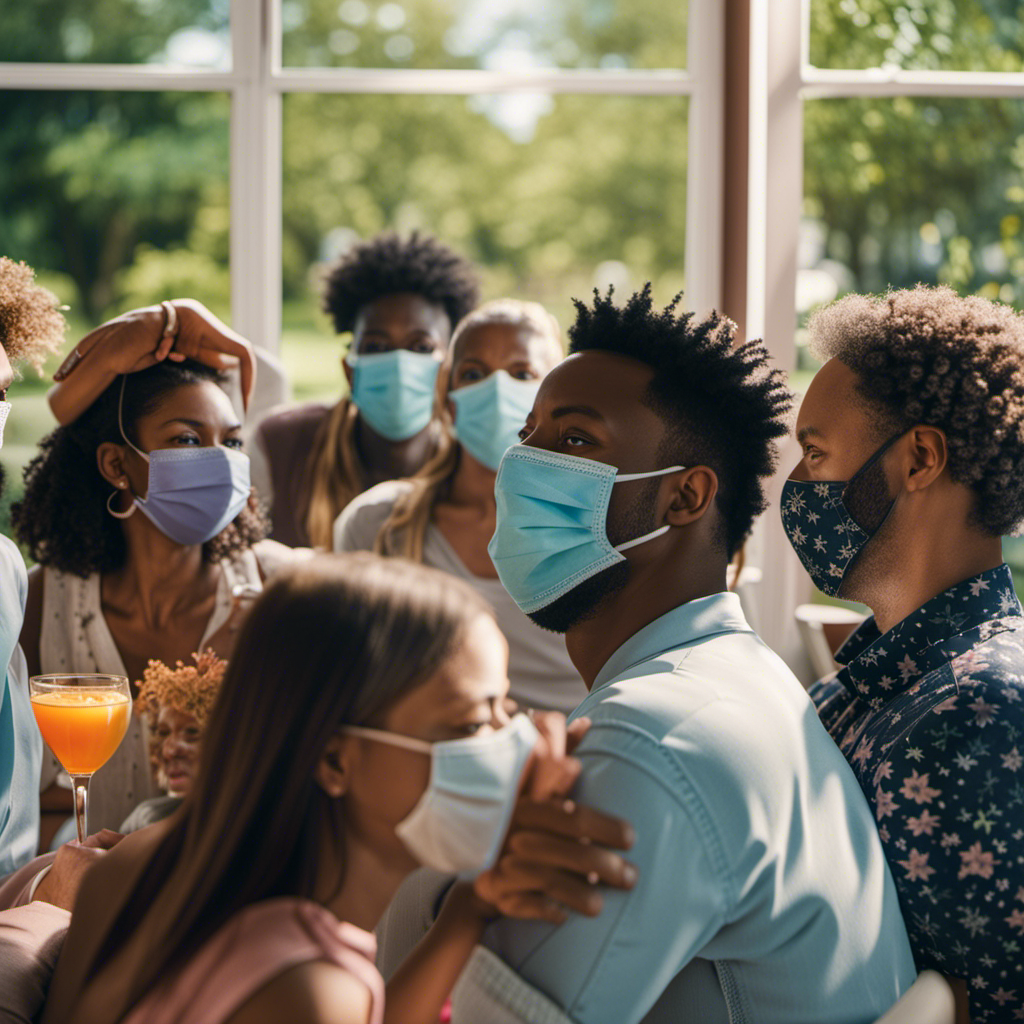 An image showing a diverse group of unvaccinated Americans, wearing masks, sitting at home on Labor Day