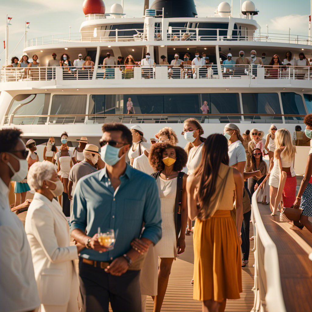 An image showcasing a diverse group of masked cruise ship passengers mingling on a sun-soaked deck, offering a glimpse into the future of post-pandemic cruising