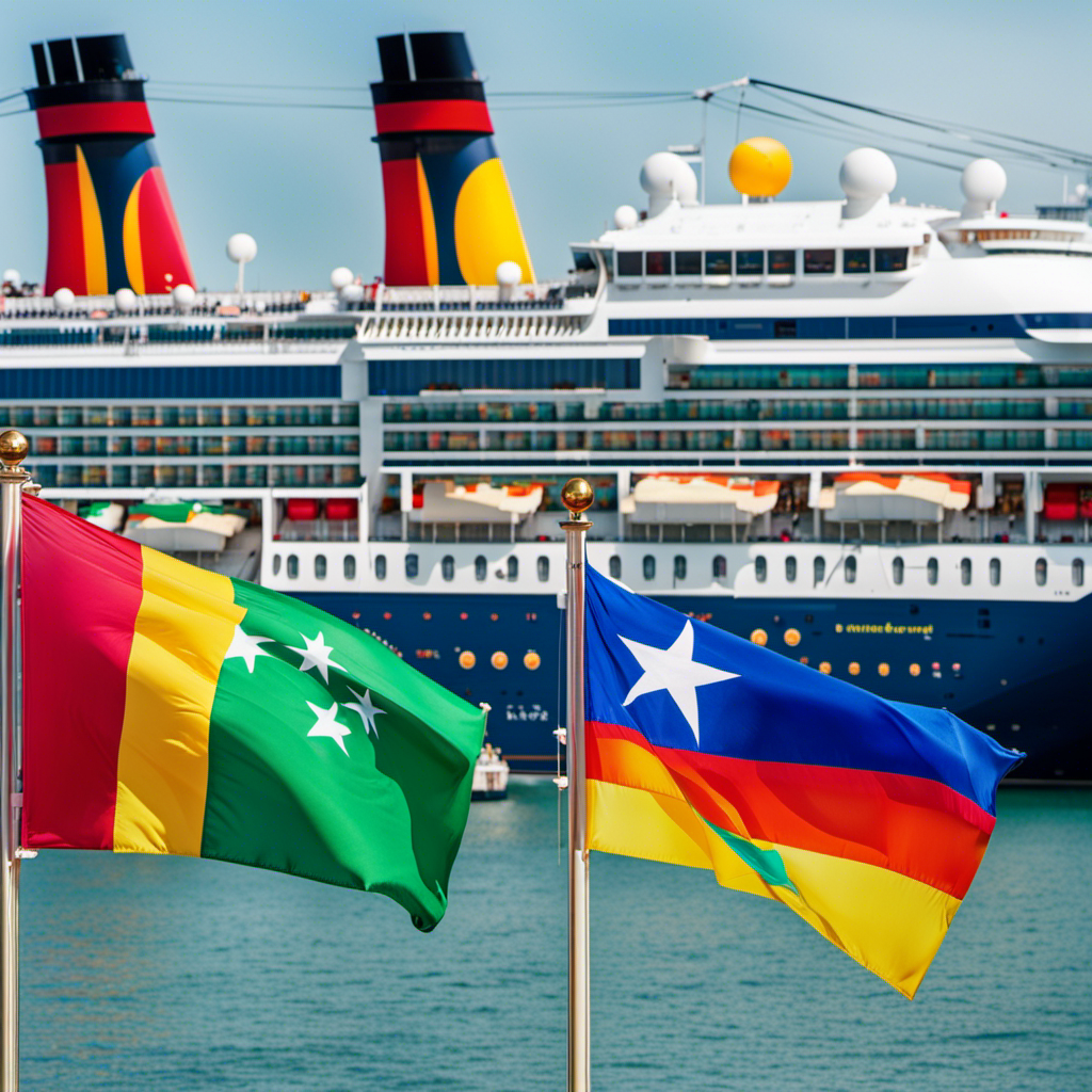 An image showcasing a bustling cruise ship docked at a vibrant port, adorned with color-coded flags representing the CDC's new rules