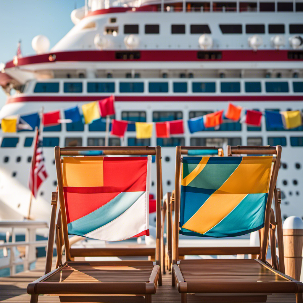 An image capturing the contrasting scenes of a vibrant, docked cruise ship adorned with colorful flags, juxtaposed against a desolate backdrop of empty deck chairs and masked crew members, symbolizing the cruise industry's struggle with the CDC's new mask requirements