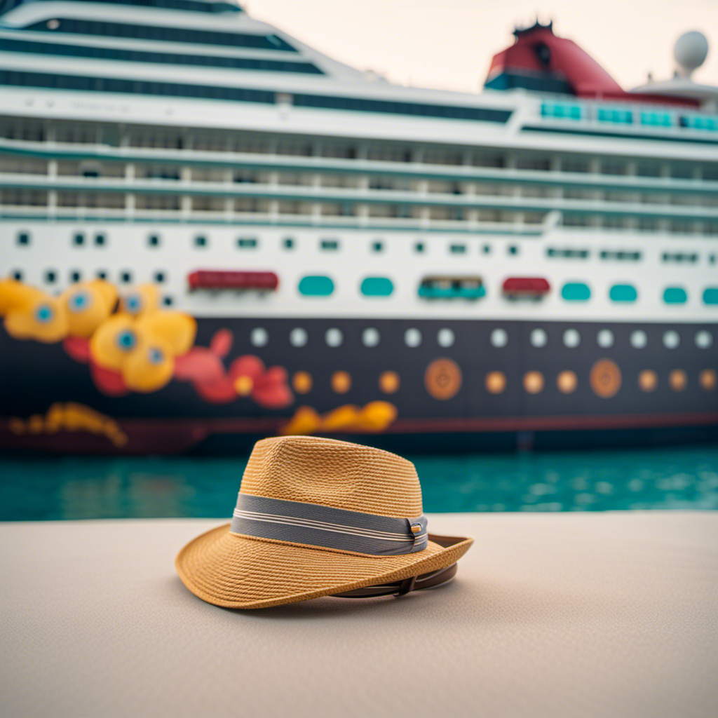 An image that depicts a deserted cruise ship docked at a vibrant tropical destination, with a line of hopeful travelers waiting in masks