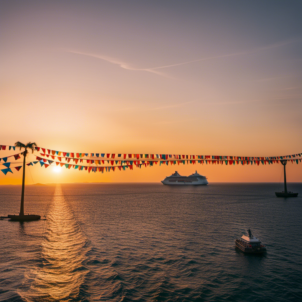 An image that showcases a vibrant tropical sunset backdrop with a luxurious cruise ship on the horizon, adorned with colorful flags and passengers joyfully enjoying outdoor activities on deck, hinting at the anticipation and optimism surrounding the CDC's softened approach for July cruise resumption