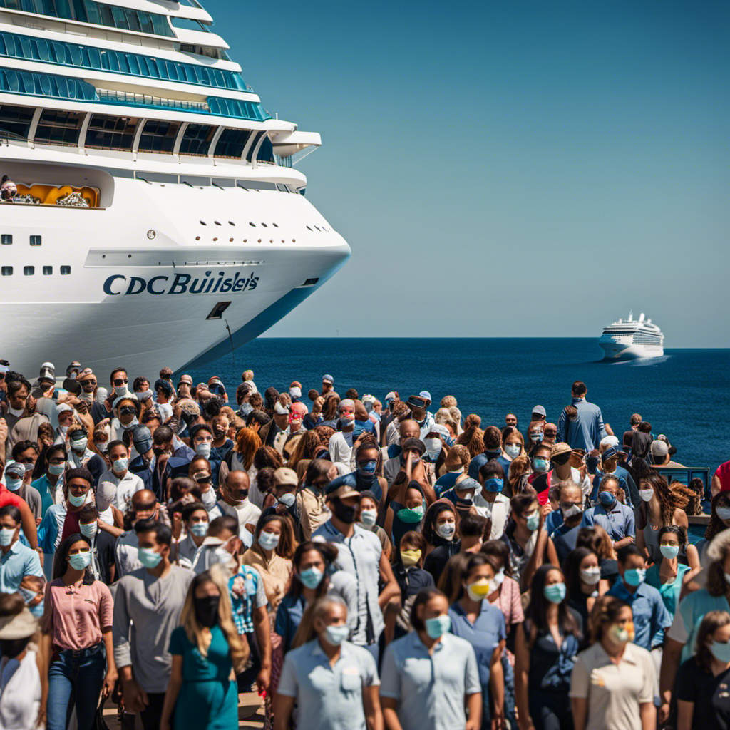 An image depicting a serene ocean view with a towering cruise ship in the distance, juxtaposed against a concerned crowd of passengers wearing masks, questioning the necessity of CDC's updated guidelines