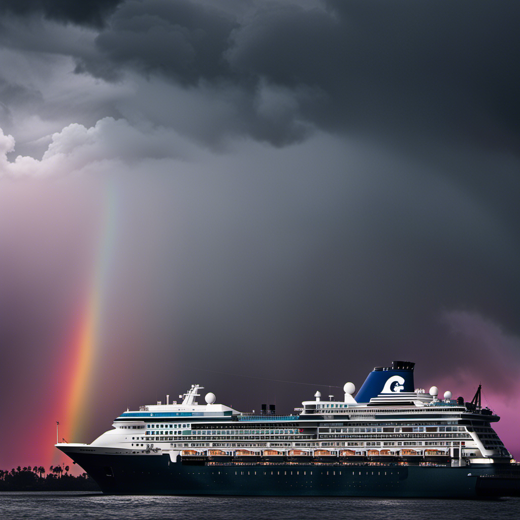 An image showcasing a split cruise ship silhouette, one half bathed in vibrant hues representing CDC's Voluntary Cruise Program, and the other half engulfed in a stormy grayscale, symbolizing the industry controversy it has sparked