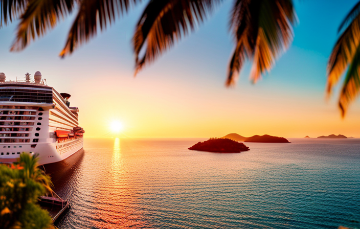An image showcasing vibrant confetti-filled skies, as Carnival Cruise Line's magnificent new ship sails towards a tropical paradise, surrounded by crystal-clear turquoise waters and lush palm-fringed islands