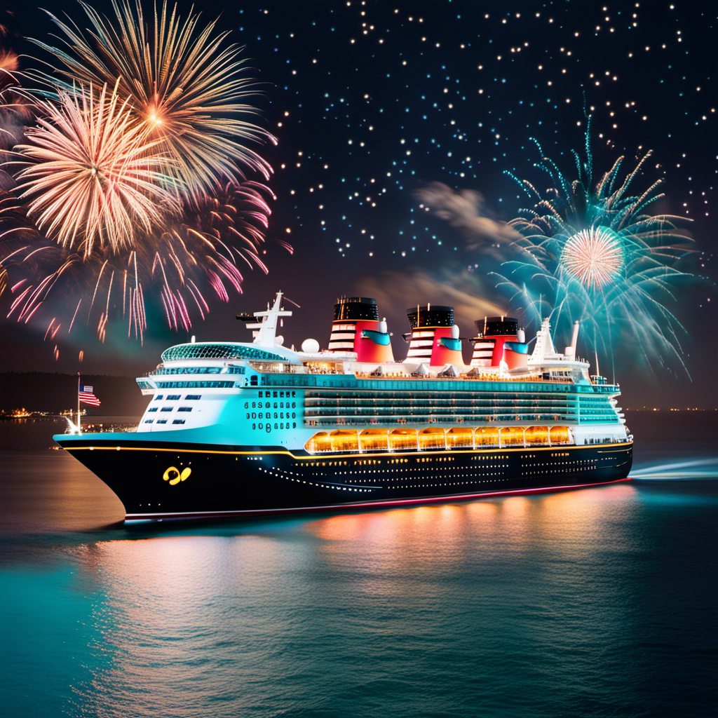 the enchantment of Disney Cruise Line's milestone anniversary with a vibrant image showcasing a majestic Disney ship sailing across crystal-clear turquoise waters, surrounded by fireworks illuminating the night sky