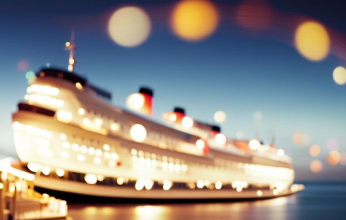 E of a sleek, ocean liner adorned with vibrant banners fluttering in the sea breeze