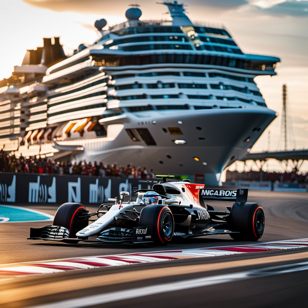 An image that captures the exhilaration of a Formula 1 race, with a luxurious MSC Cruises ship towering in the background, adorned with vibrant logos celebrating their partnership