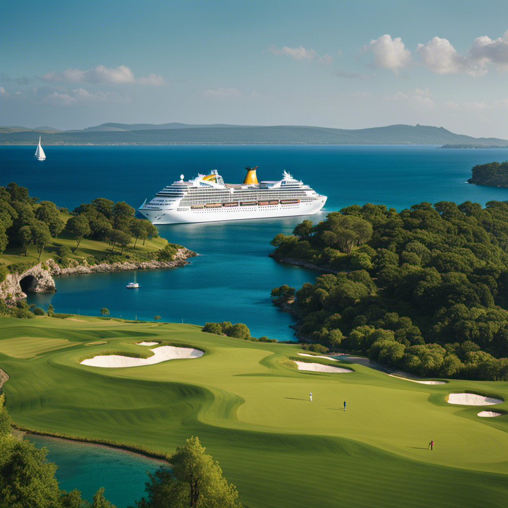 An image showcasing a luxurious Costa cruise ship sailing on pristine blue waters, with a backdrop of lush, rolling green golf courses