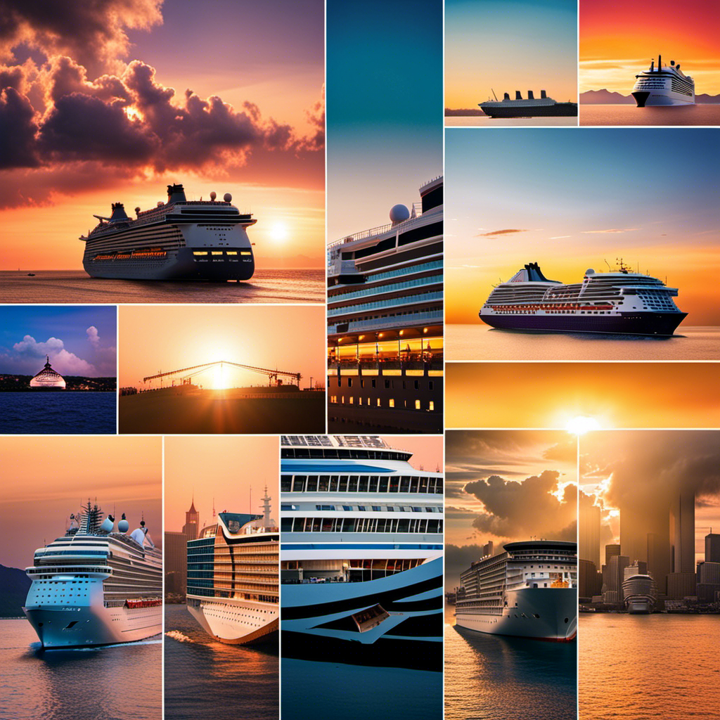 An image showcasing a vibrant collage of diverse cruise ship silhouettes against a breathtaking sunset backdrop, symbolizing the readers' choice celebration of the finest ships and theme cruises