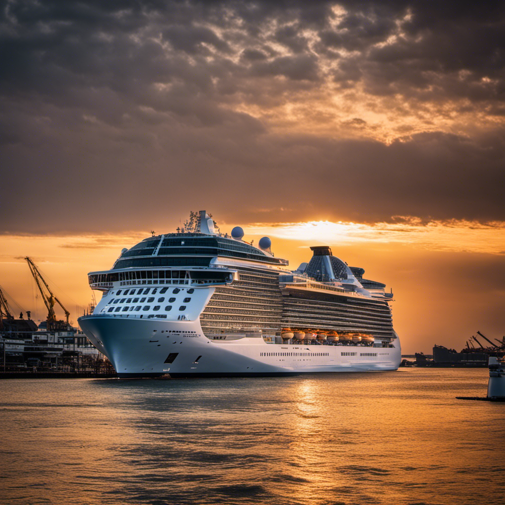 An image of the majestic Celebrity Apex, as it departs from the bustling port of Southampton in 2024, with its sleek white hull shimmering under a golden sunset, and a crowd of excited onlookers waving farewell from the dock