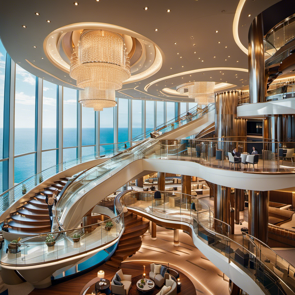 An image capturing the elegant atrium of Celebrity Beyond, adorned with cascading chandeliers and a grand staircase, surrounded by sleek glass walls revealing panoramic ocean views, epitomizing the transformation of the cruise experience