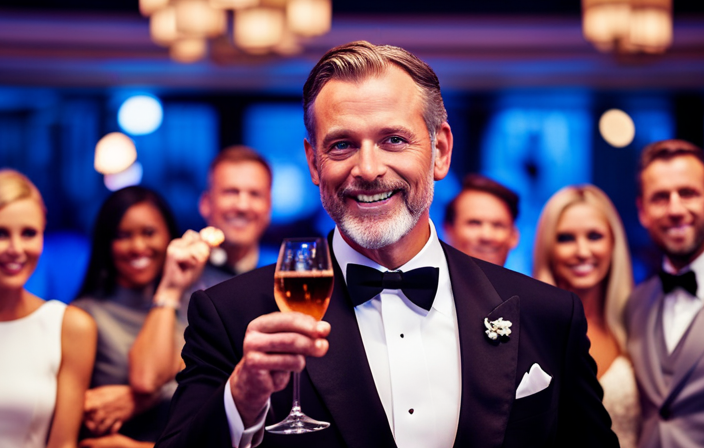 An image showcasing a triumphant Celebrity Cruises bartender, beaming with pride, surrounded by a diverse crowd of enthusiastic guests raising their glasses in celebration, against a backdrop of a luxurious cruise ship
