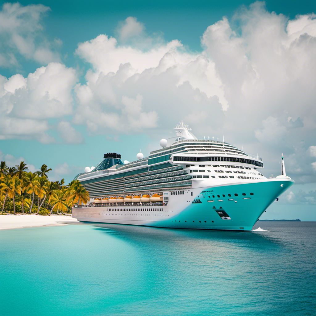 An image showcasing a luxurious cruise ship sailing through turquoise Caribbean waters, framed by vibrant palm trees on a pristine white sandy beach