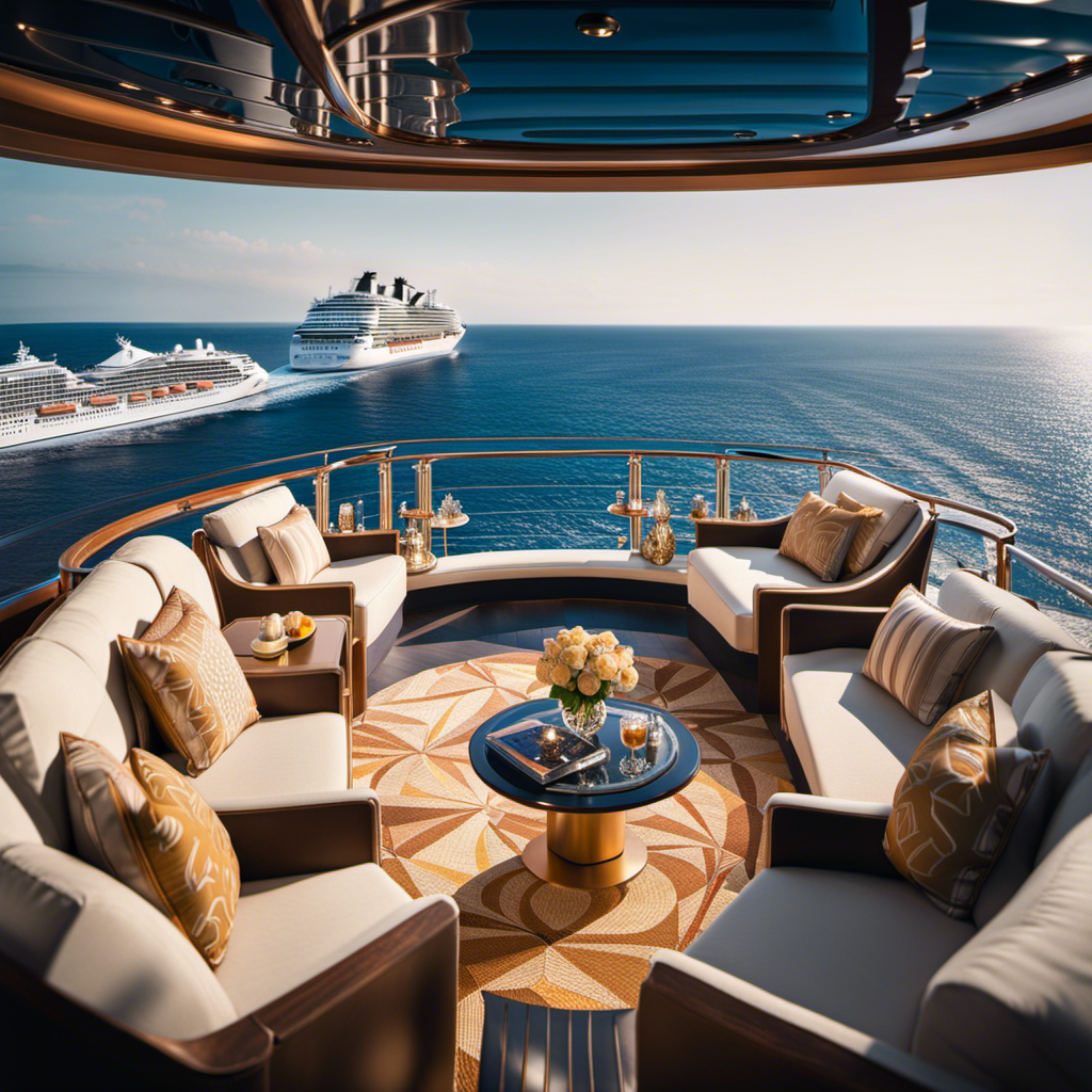 An image showcasing Celebrity's Celebrity Beyond, with the luxurious Magic Carpet gracefully extended over crystal-clear waters, while elegant passengers enjoy upscale tendering and the ship's exquisite, thoughtfully designed interiors, exuding opulence and sophistication