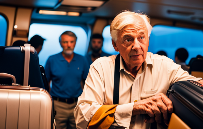 An image of a puzzled traveler standing in a cramped cruise cabin, surrounded by mismatched luggage, while a frustrated expression mirrors their struggle to find a compatible cabinmate