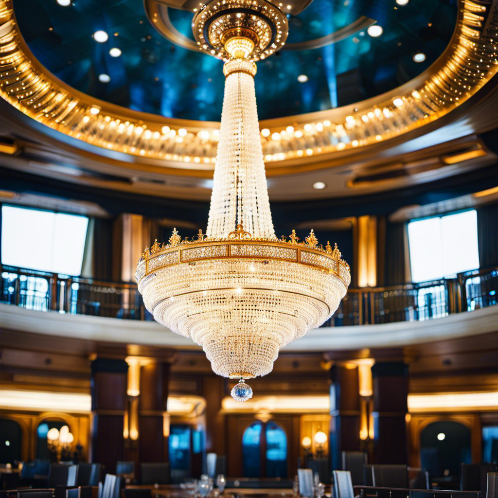 An image showcasing a grand, intricate chandelier suspended from a soaring ceiling on a luxurious cruise ship