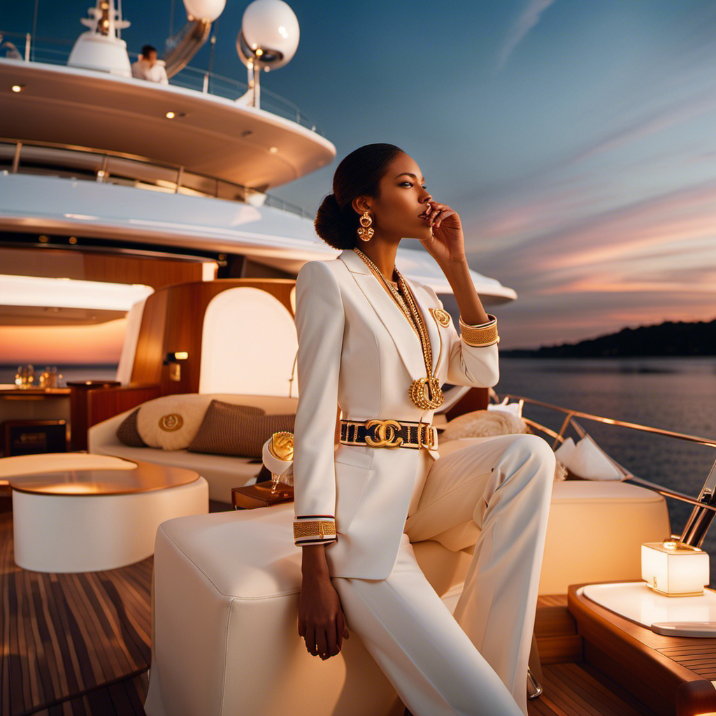 Nt sunset casts a warm golden glow over a luxurious yacht, adorned with Chanel's iconic double C logo