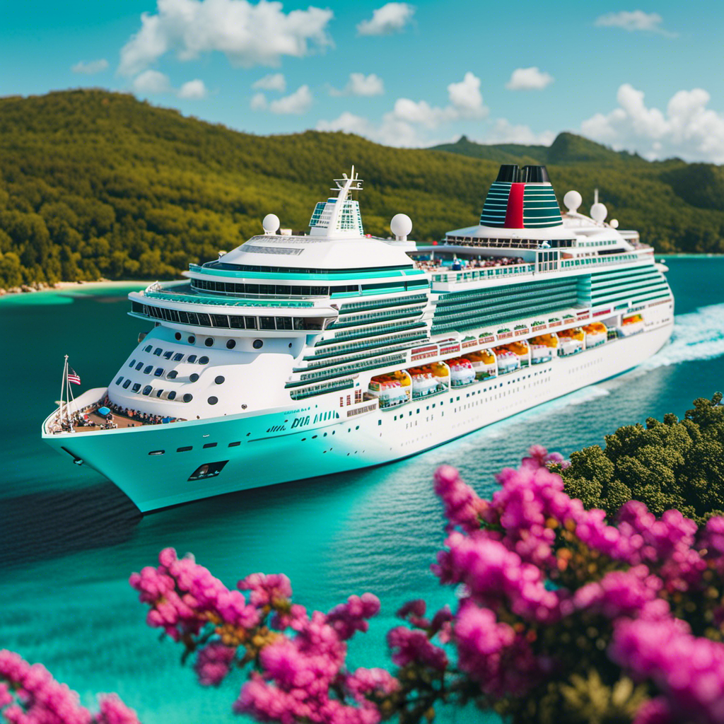 An image featuring a vibrant, multi-colored cruise ship navigating through clear turquoise waters, with the ship's exterior adorned with safety measures such as hand sanitization stations, temperature checks, and social distancing markers