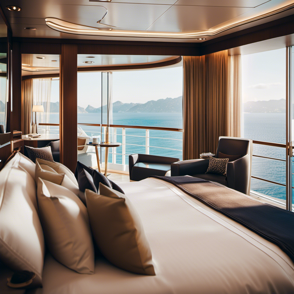 An image showcasing a modern cruise ship cabin with sleek, minimalist decor, featuring a spacious balcony with floor-to-ceiling windows, contemporary furniture, and state-of-the-art technology, hinting at the evolving trends in cruise ship accommodations
