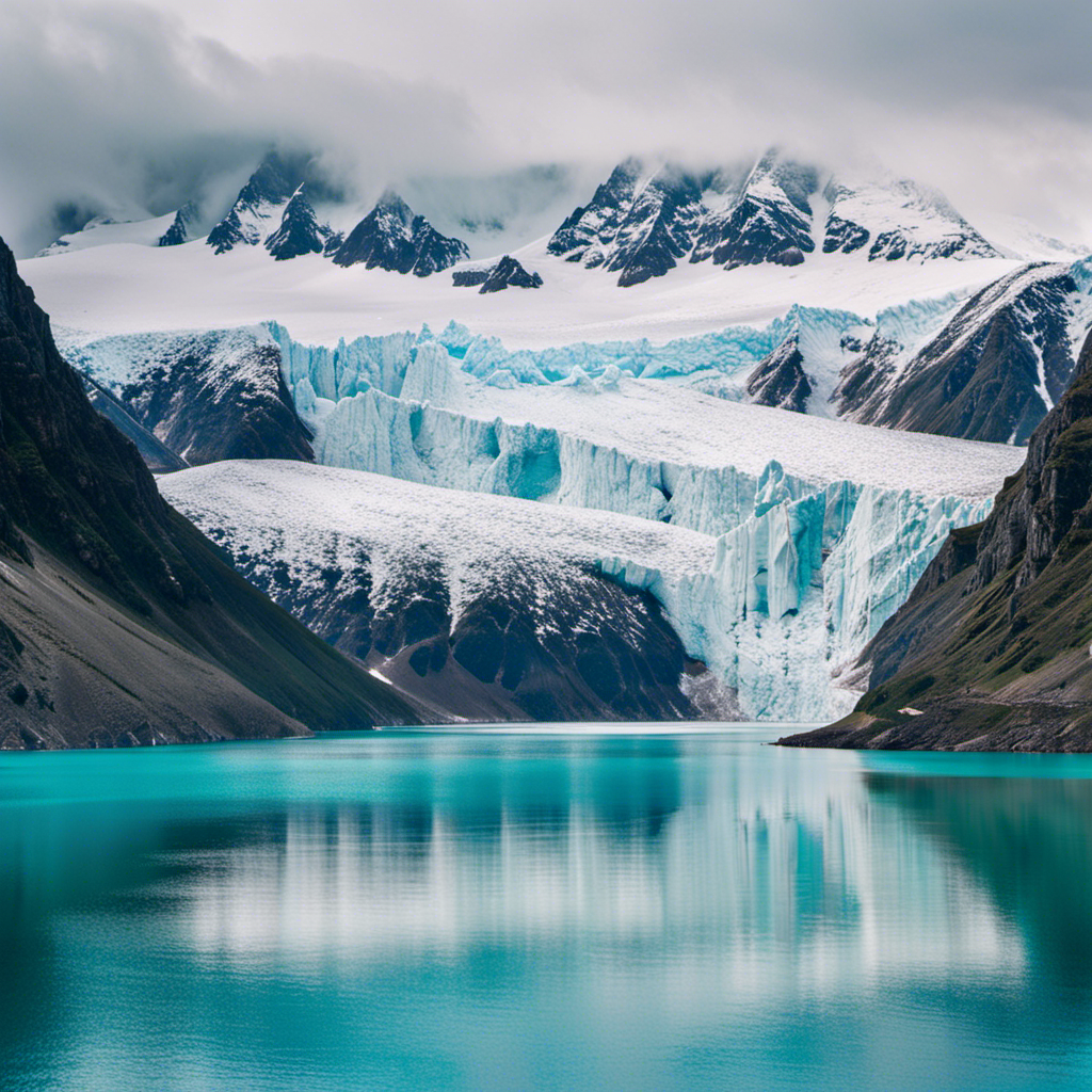 An image showcasing a majestic, ice-covered landscape: a massive glacier towering over a cruise ship, surrounded by shimmering turquoise waters and snow-capped mountains, capturing the awe-inspiring beauty of the Northwest Passage, Alaska, Greenland, Ushuaia, and Antarctica