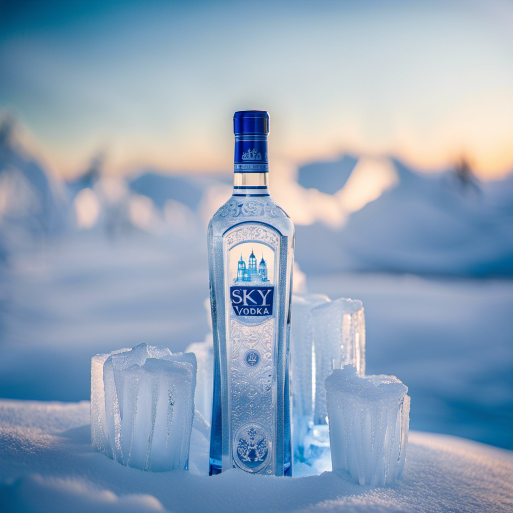 an image capturing the ethereal beauty of SKYY Vodka Ice Bar's Arctic Experience: a shimmering ice sculpture of a frozen vodka bottle, adorned with delicate icicles, amidst a captivating frozen landscape