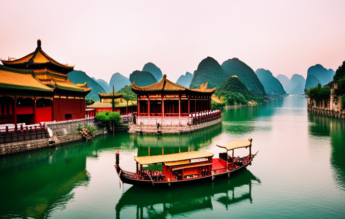 An image that captures the essence of China's cultural treasures and cruise experiences: a serene river winding through lush landscapes, adorned with ancient temples, vibrant pagodas, and traditional Chinese boats gracefully gliding along the water