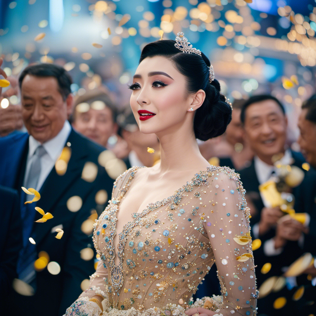 An image featuring the radiant Chinese actress Fan Bingbing, elegantly dressed in a stunning gown, gracefully christening the Ovation of the Seas cruise ship, surrounded by a mesmerizing crowd and shimmering confetti