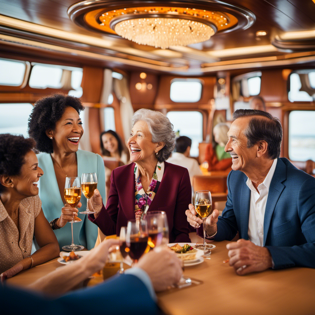 A vivid image showcasing a group of happy cruise passengers engaged in lively conversations, their smiles and animated gestures conveying a sense of camaraderie