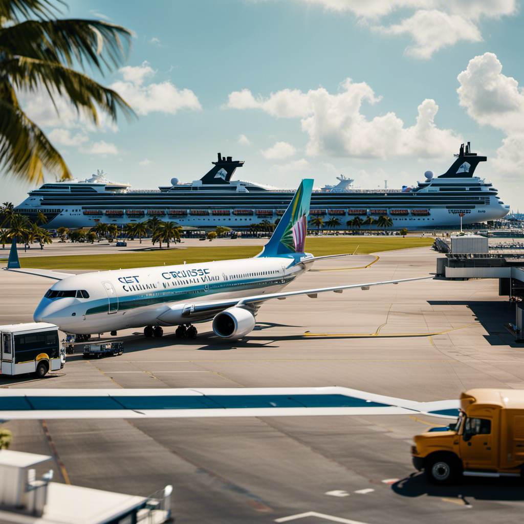 An image of a sunny palm-fringed airport, where cruise ships loom in the background
