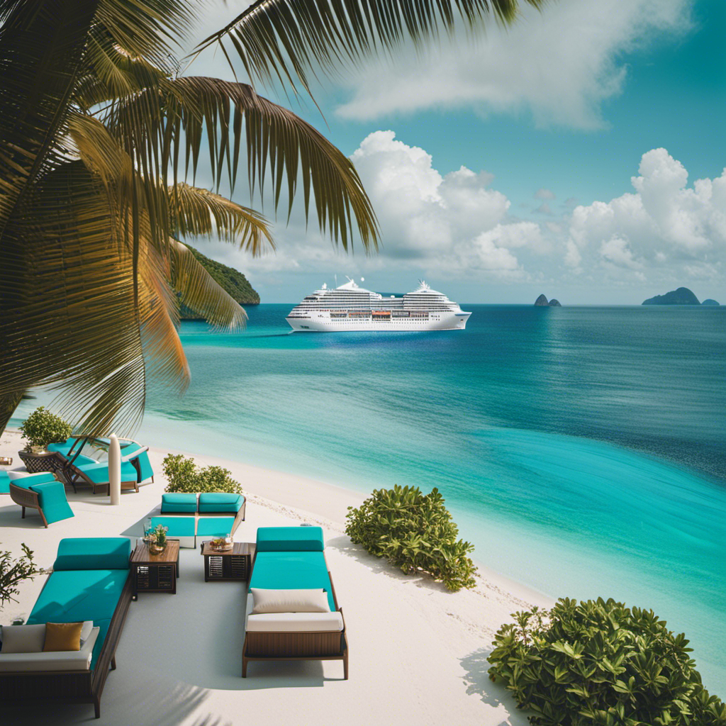 An image showcasing a luxurious cruise ship sailing through crystal clear turquoise waters, surrounded by picturesque tropical islands