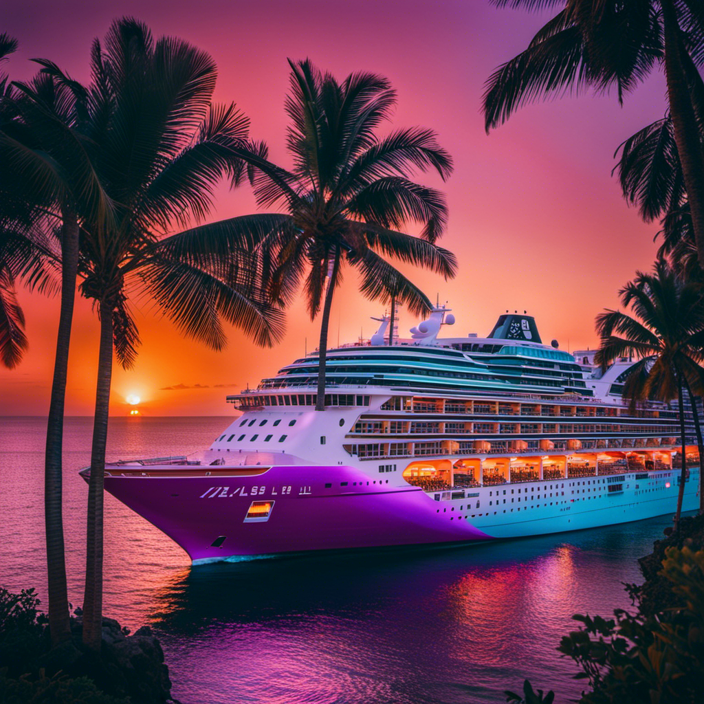 An image showcasing a serene, sun-kissed cruise ship gliding through crystal-clear turquoise waters, surrounded by lush tropical islands, as a mesmerizing sunset paints the sky with vibrant hues of orange, pink, and purple