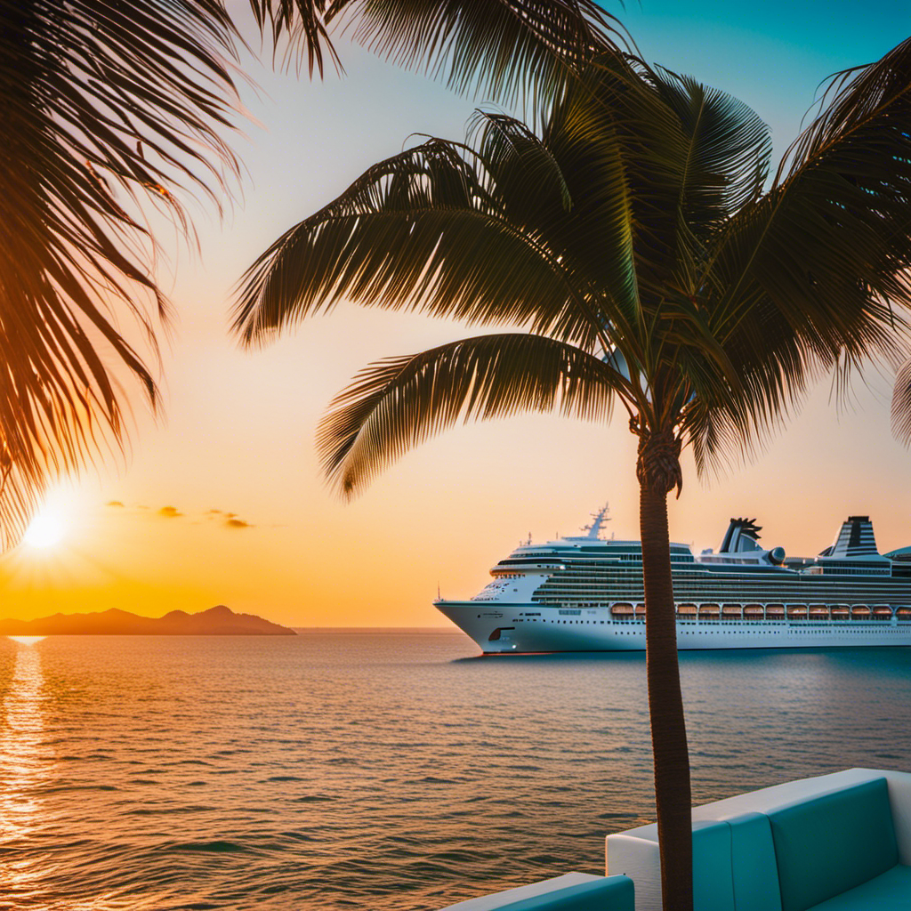 An image of a radiant sunset casting a warm golden glow over a luxurious cruise ship, with vibrant palm trees swaying in the gentle breeze, and crystal-clear turquoise waters invitingly lapping at the ship's hull