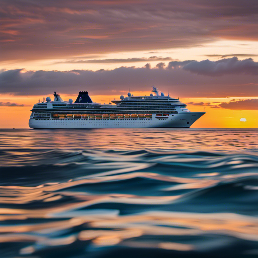 An image showcasing a serene seascape at sunset, with a luxurious cruise ship gliding through calm waters