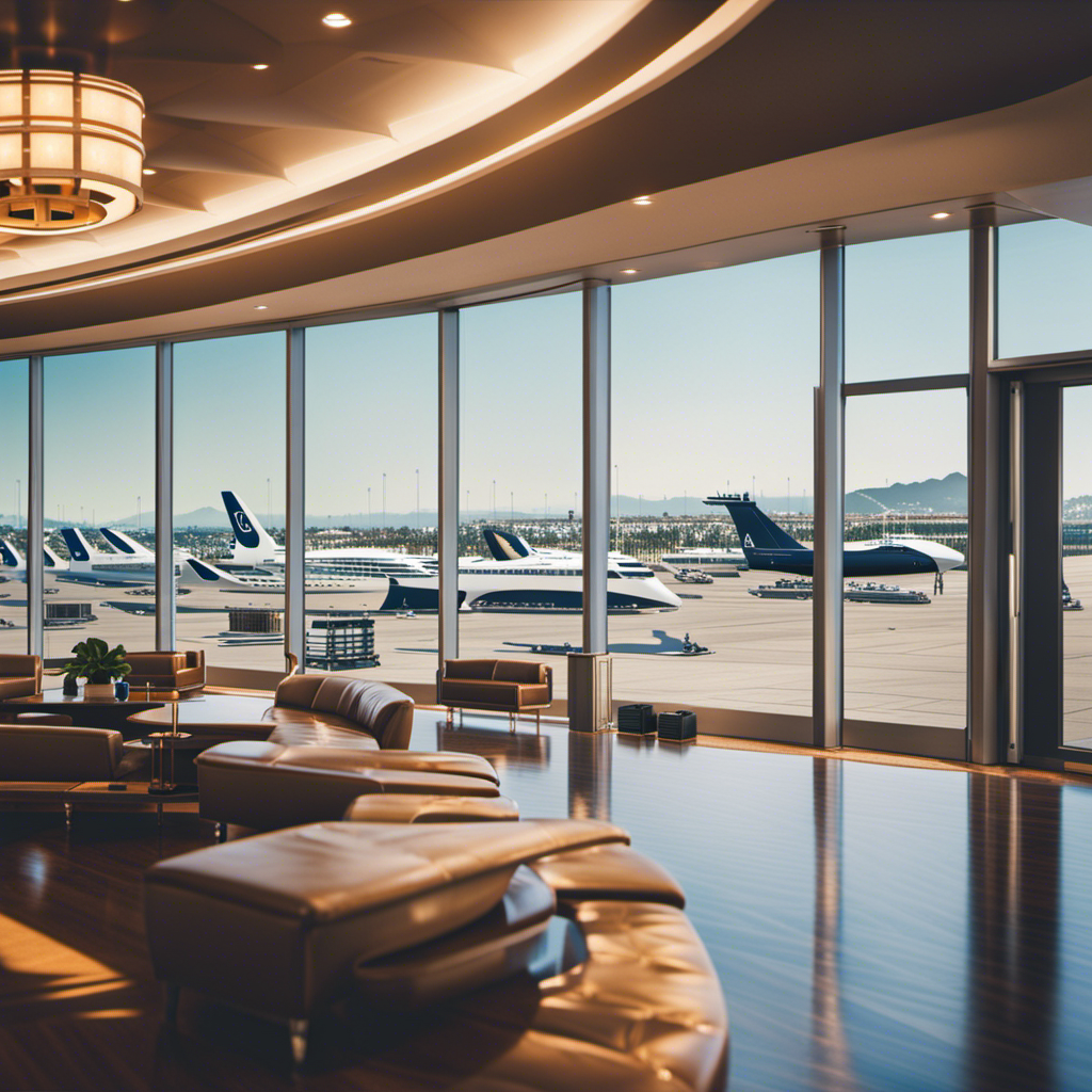 An image showcasing a panoramic view of a sleek and modern LA cruise airport, with luxurious yachts docked nearby, ready to embark on exciting sea adventures