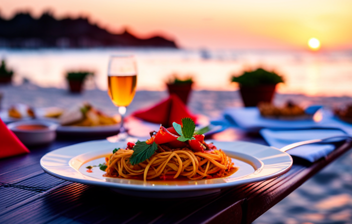 An image showcasing a sun-kissed beach with a diverse array of mouthwatering cuisines from around the world