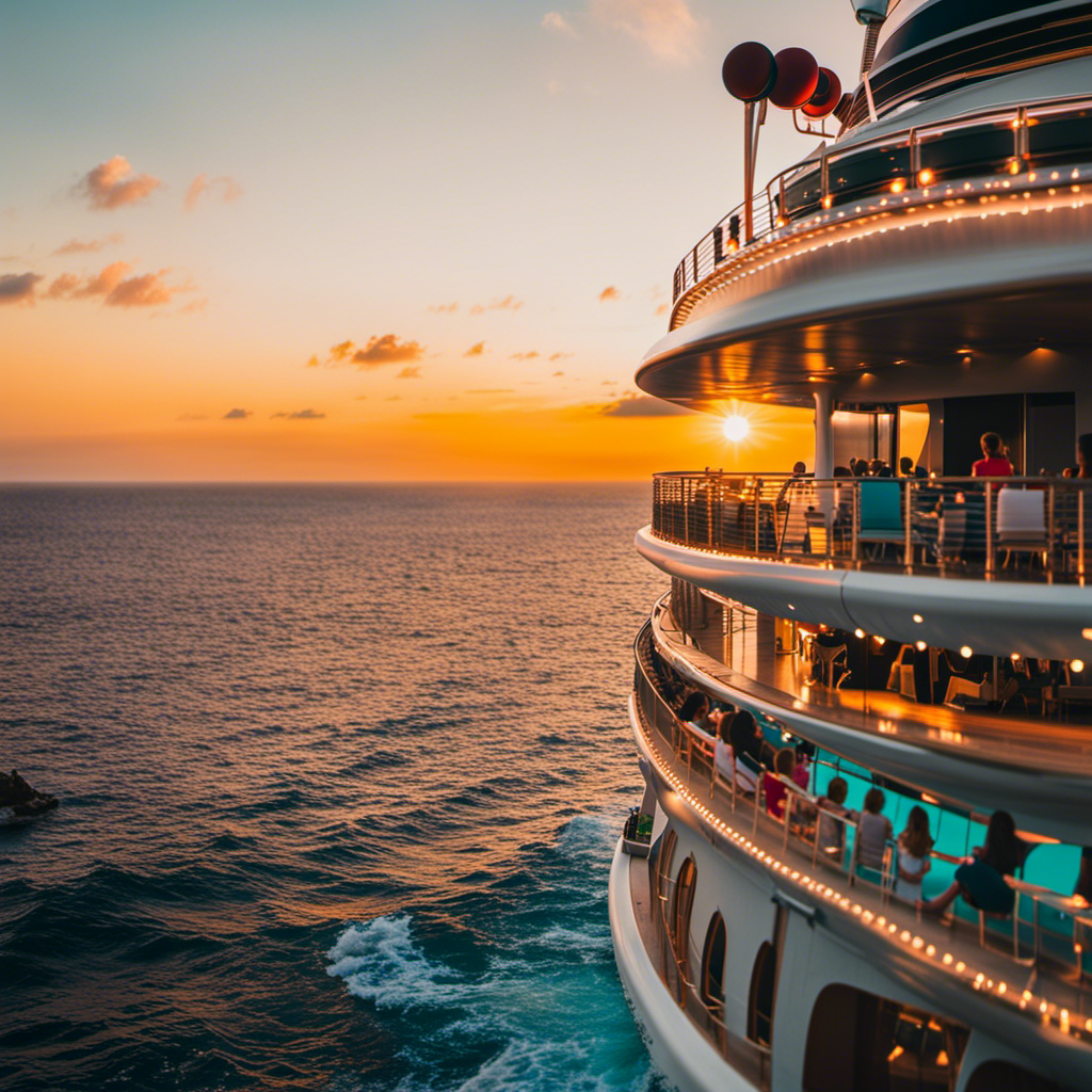 Capture the essence of a picturesque sunset over a serene, turquoise sea, where a Disney cruise ship gracefully glides, adorned with twinkling lights, as families gather on deck, immersed in joyful laughter and anticipation