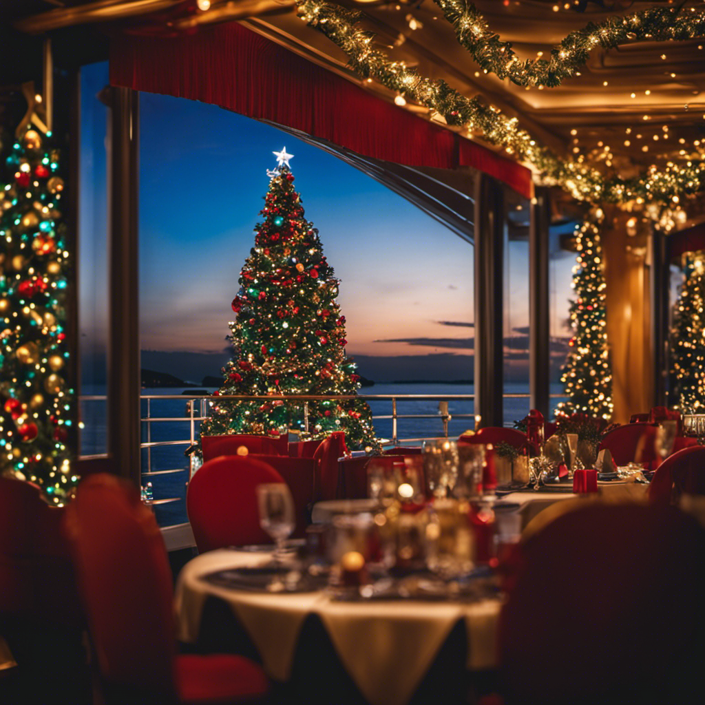 An image capturing the enchantment of a Christmas cruise, showcasing the ship's deck adorned with vibrant twinkling lights, elegant garlands, and a grand Christmas tree, while passengers enjoy festive menus and are entertained by carol singers and a dazzling live performance