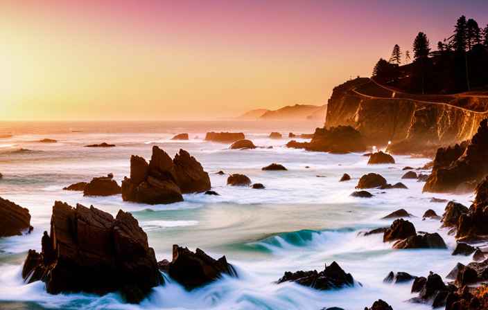 Htaking sunset over the Pacific Ocean, casting a golden glow on the jagged cliffs of Big Sur