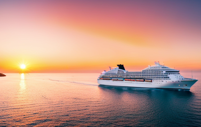 An image capturing the essence of classic cruise commercials, featuring a vibrant cruise ship gliding through crystal-clear turquoise waters, framed by a breathtaking sunset, with iconic celebrities joyously engaging in various onboard activities