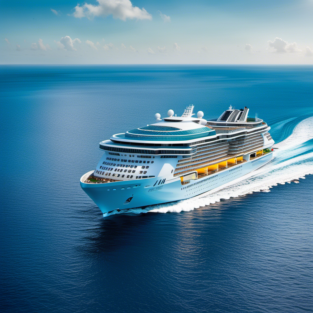 An image showcasing a futuristic Royal Caribbean Icon-Class ship gliding through pristine blue waters, adorned with sleek, solar panel-clad surfaces, wind turbines, and innovative wave energy converters, symbolizing the transformative power of clean energy at sea