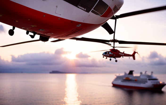 An image showcasing a Coast Guard helicopter hovering above a cruise ship, with a medical team carefully lowering a stretcher onto the deck, emphasizing the urgency and precision of a life-saving medical evacuation operation