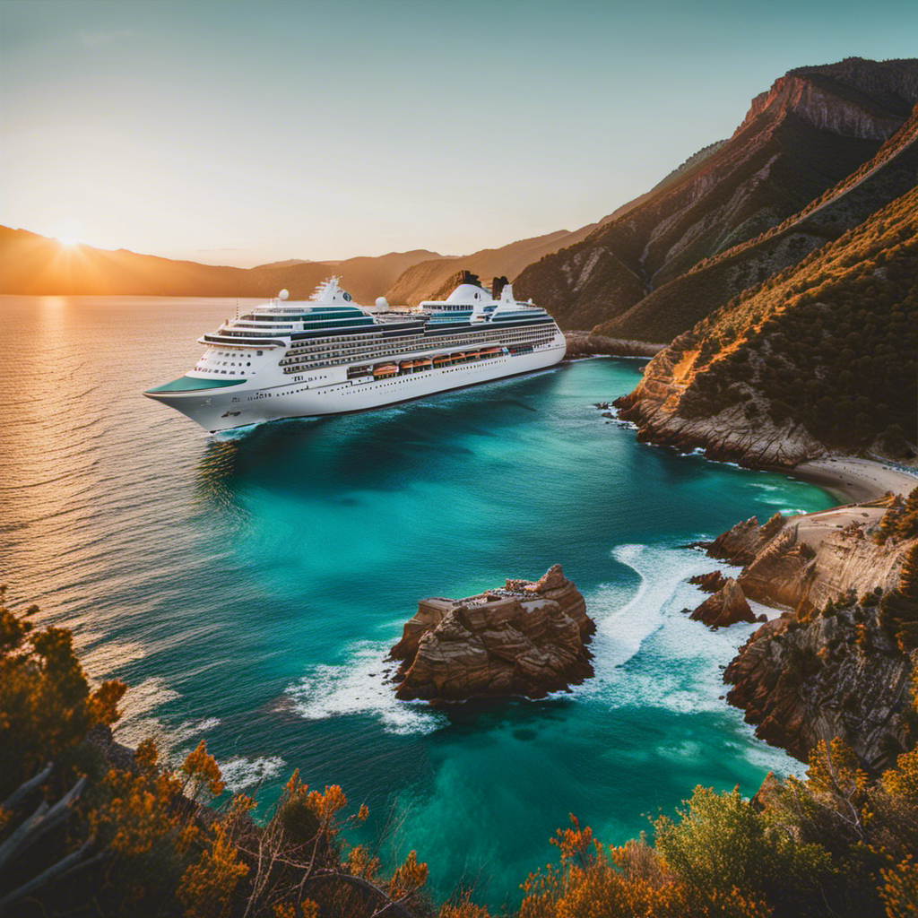 An image capturing the serene beauty of America's shorelines, with a luxurious American Cruise Lines ship gliding through sparkling turquoise waters, framed by rugged cliffs, vibrant coastal flora, and a breathtaking sunset