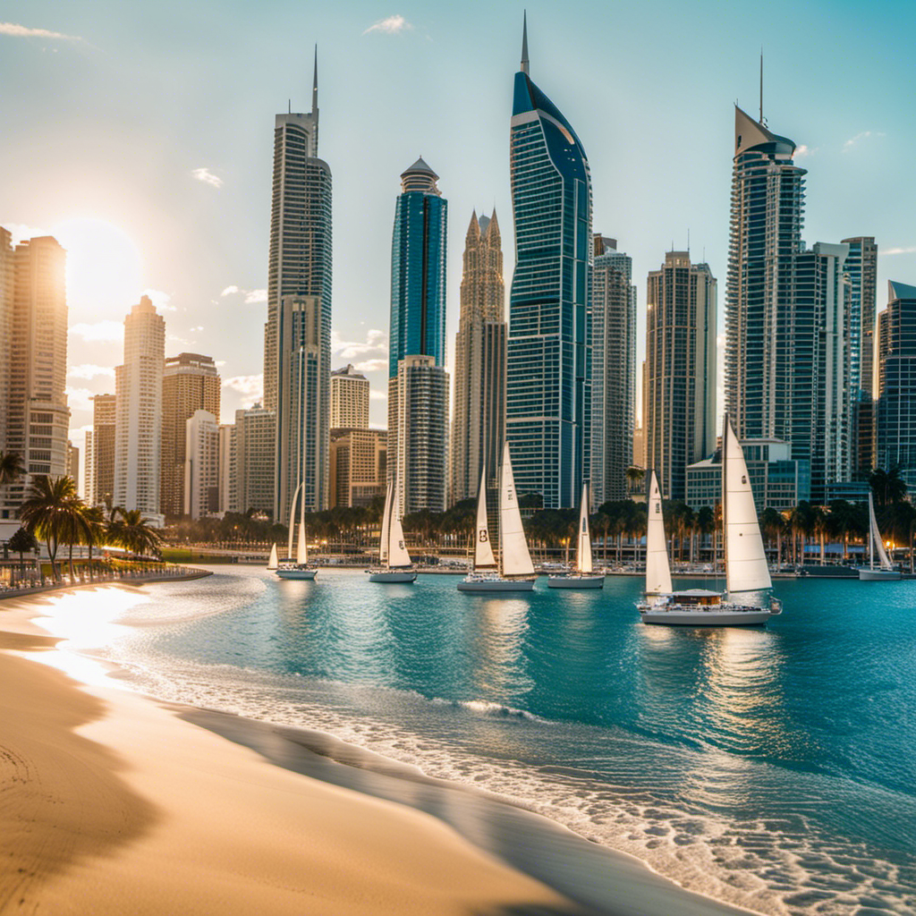 the vibrant essence of the Gold Coast's port cities by showcasing a bustling waterfront promenade, adorned with colorful sailboats and charming cafes, against a backdrop of sparkling azure waters and towering skyscrapers