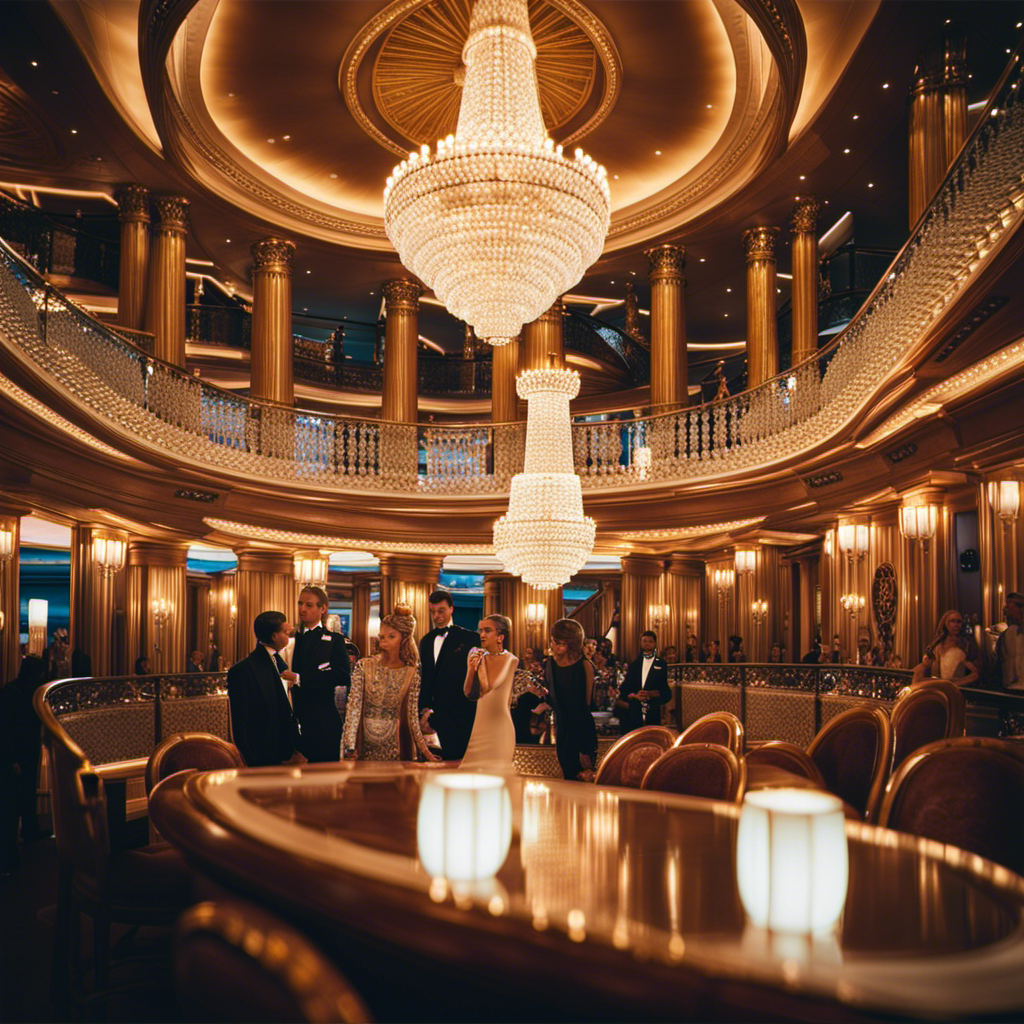 An image showcasing the opulent scene of a lavish cruise ship, adorned with elegant chandeliers, while discreetly capturing the clandestine exchange of packages between impeccably dressed individuals from different nationalities