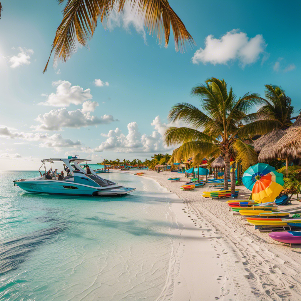 An image showcasing CocoCay's pristine white sandy beaches, bordered by crystal-clear turquoise waters