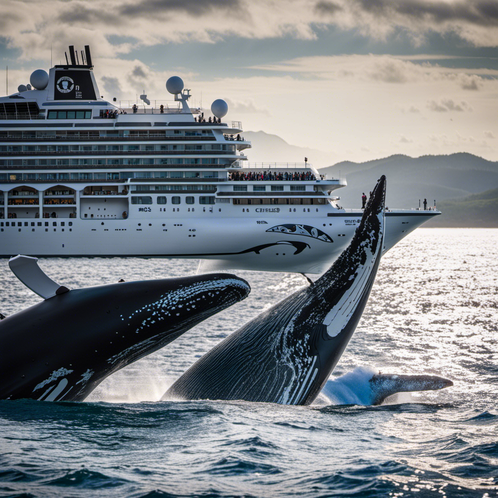 An image capturing the essence of MSC Cruises' Whale Collision Training, showcasing a diverse team of marine biologists, crew members, and local communities working together to protect marine life, with a focus on training techniques and hands-on conservation efforts