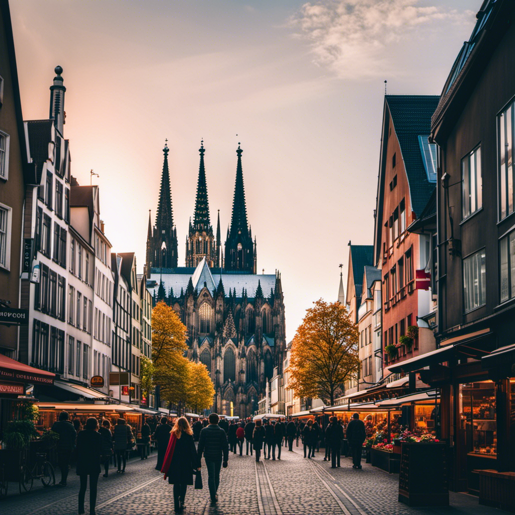 An image capturing the essence of a perfect day in Cologne: the stunning silhouette of Cologne Cathedral, surrounded by bustling streets lined with shops filled with culinary delights and irresistible chocolates, inviting you to explore this vibrant city