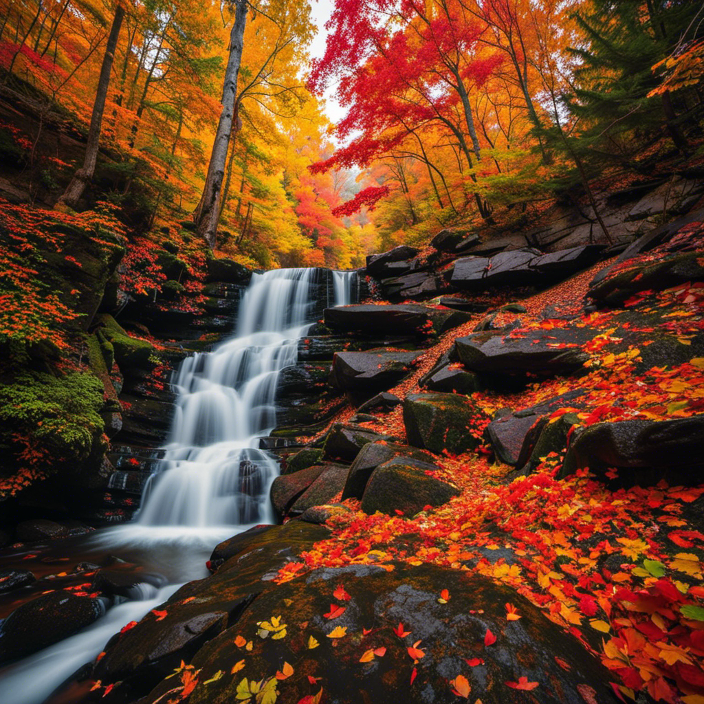 the vibrant tapestry of autumn's hues as leaves cascade down a rugged trail, revealing a hidden waterfall nestled amidst towering evergreens