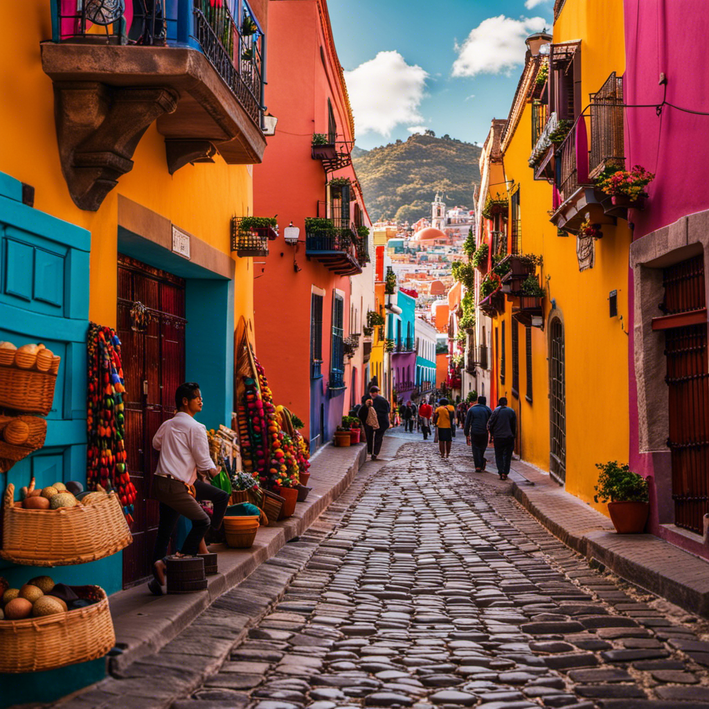 the vibrant essence of Guanajuato's colorful culture and adventurous spirit through an image that showcases the city's winding cobblestone streets adorned with vibrant colonial buildings, bustling markets filled with artisan crafts, and locals in traditional attire